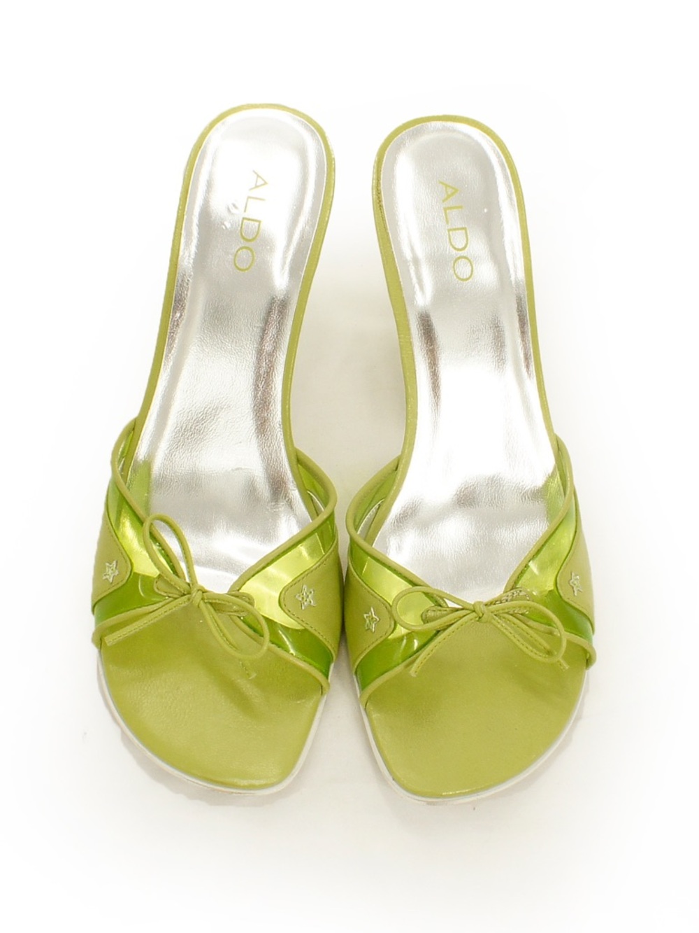 Vintage 00s 90s Y2K Lime Green Mules Star Charm Bow Peep Toe Kitten Heel Shoes - Picture 4 of 6
